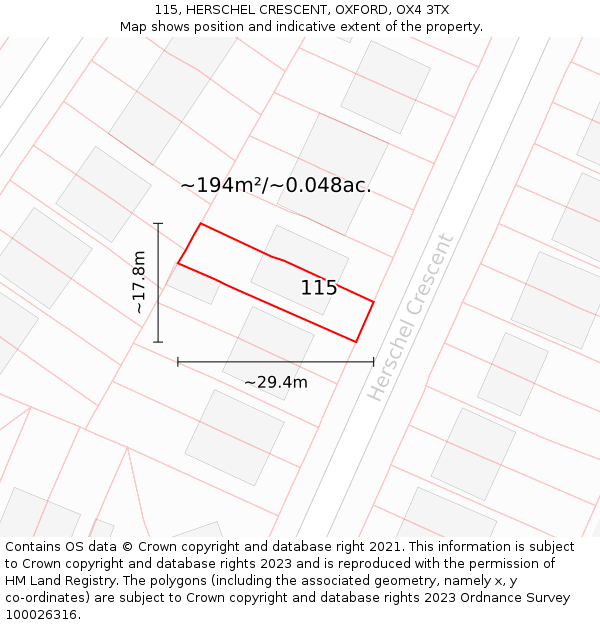 115, HERSCHEL CRESCENT, OXFORD, OX4 3TX: Plot and title map