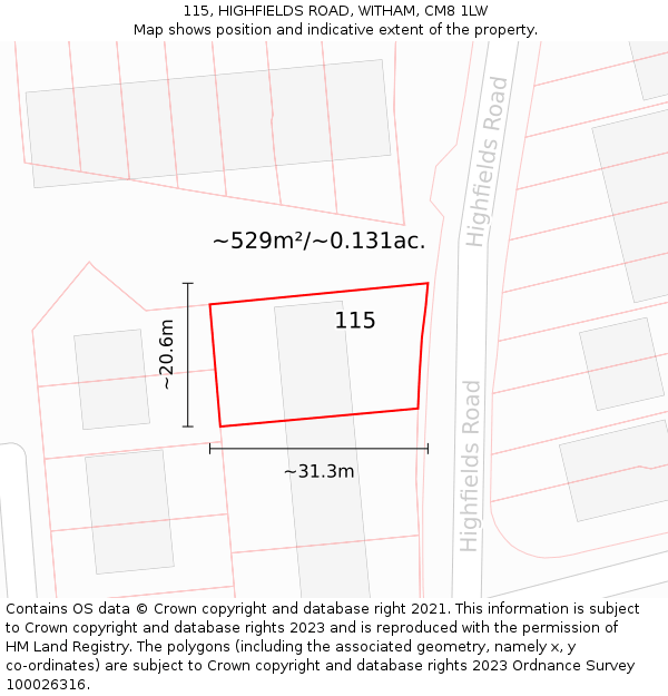 115, HIGHFIELDS ROAD, WITHAM, CM8 1LW: Plot and title map