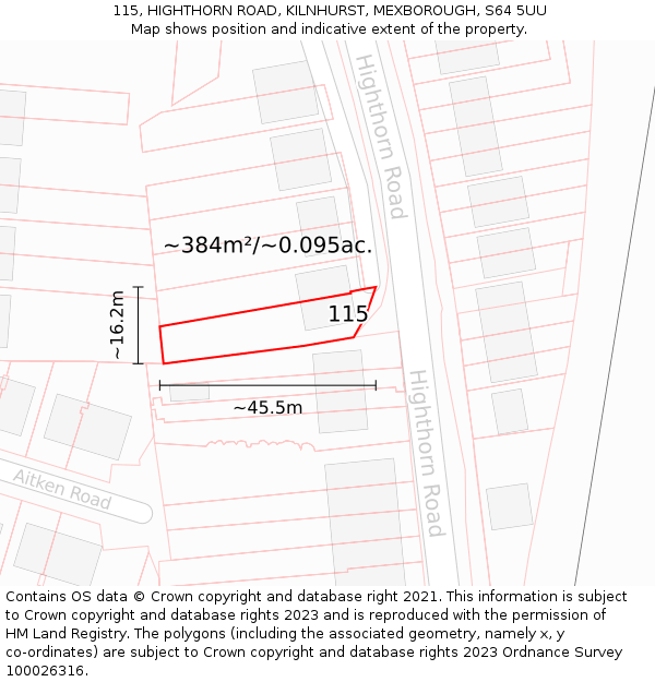 115, HIGHTHORN ROAD, KILNHURST, MEXBOROUGH, S64 5UU: Plot and title map