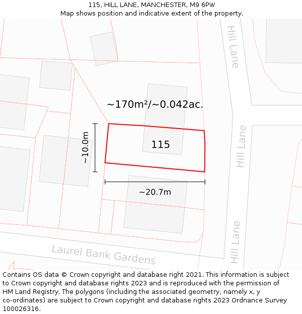 115, HILL LANE, MANCHESTER, M9 6PW: Plot and title map