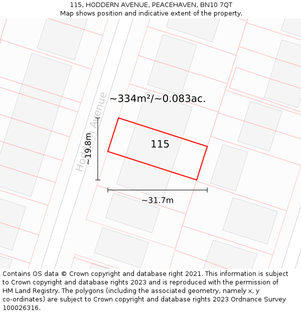 115, HODDERN AVENUE, PEACEHAVEN, BN10 7QT: Plot and title map