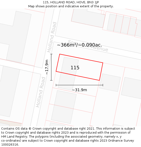 115, HOLLAND ROAD, HOVE, BN3 1JP: Plot and title map