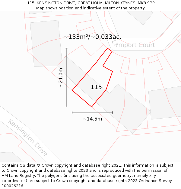 115, KENSINGTON DRIVE, GREAT HOLM, MILTON KEYNES, MK8 9BP: Plot and title map