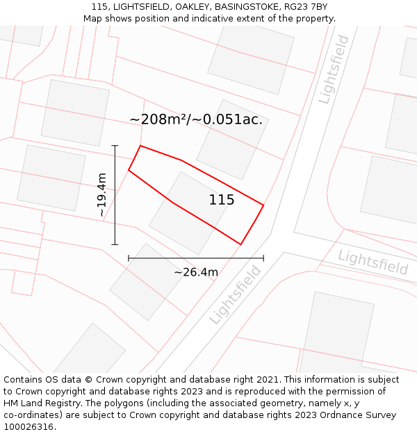 115, LIGHTSFIELD, OAKLEY, BASINGSTOKE, RG23 7BY: Plot and title map