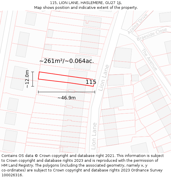 115, LION LANE, HASLEMERE, GU27 1JL: Plot and title map