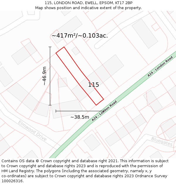 115, LONDON ROAD, EWELL, EPSOM, KT17 2BP: Plot and title map