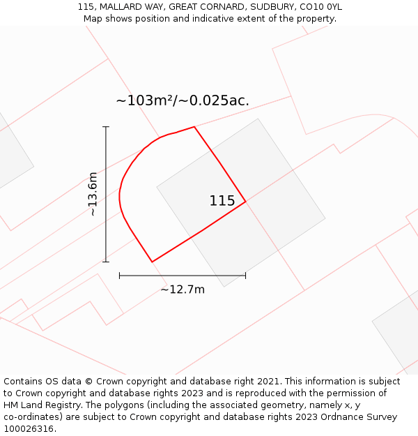 115, MALLARD WAY, GREAT CORNARD, SUDBURY, CO10 0YL: Plot and title map