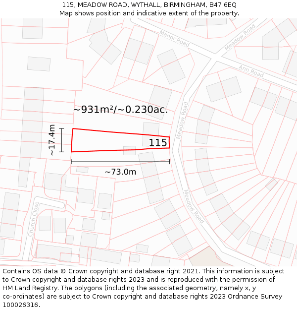 115, MEADOW ROAD, WYTHALL, BIRMINGHAM, B47 6EQ: Plot and title map