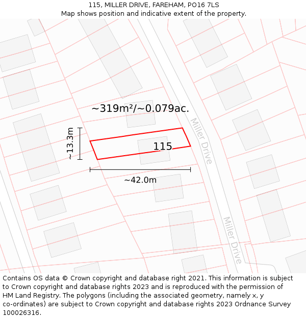 115, MILLER DRIVE, FAREHAM, PO16 7LS: Plot and title map