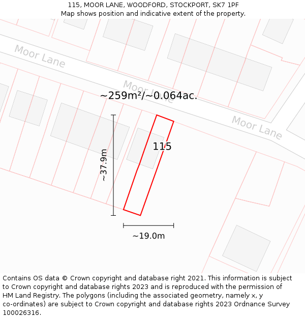 115, MOOR LANE, WOODFORD, STOCKPORT, SK7 1PF: Plot and title map