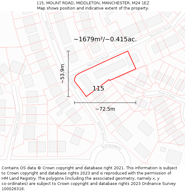 115, MOUNT ROAD, MIDDLETON, MANCHESTER, M24 1EZ: Plot and title map