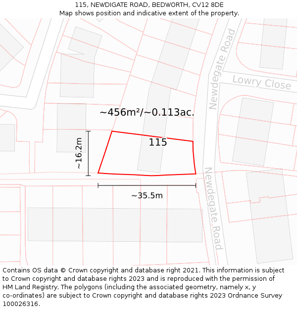 115, NEWDIGATE ROAD, BEDWORTH, CV12 8DE: Plot and title map