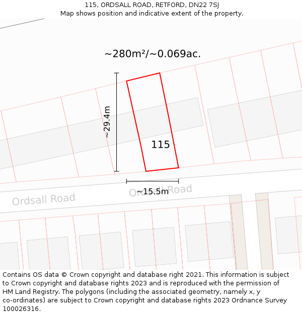 115, ORDSALL ROAD, RETFORD, DN22 7SJ: Plot and title map