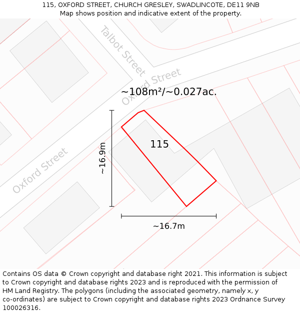 115, OXFORD STREET, CHURCH GRESLEY, SWADLINCOTE, DE11 9NB: Plot and title map