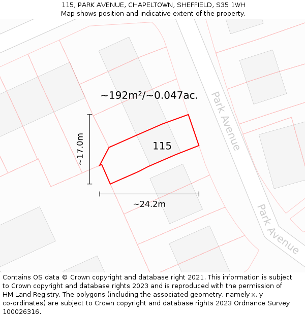 115, PARK AVENUE, CHAPELTOWN, SHEFFIELD, S35 1WH: Plot and title map