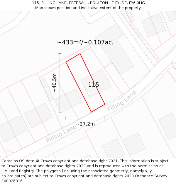 115, PILLING LANE, PREESALL, POULTON-LE-FYLDE, FY6 0HG: Plot and title map