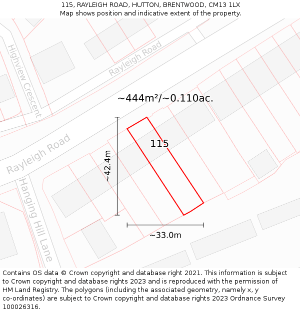 115, RAYLEIGH ROAD, HUTTON, BRENTWOOD, CM13 1LX: Plot and title map