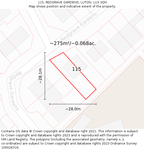 115, REDGRAVE GARDENS, LUTON, LU3 3QN: Plot and title map