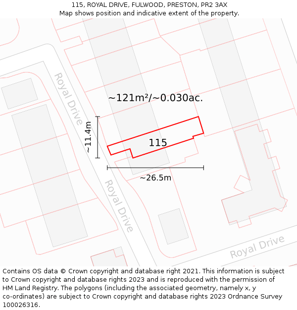 115, ROYAL DRIVE, FULWOOD, PRESTON, PR2 3AX: Plot and title map