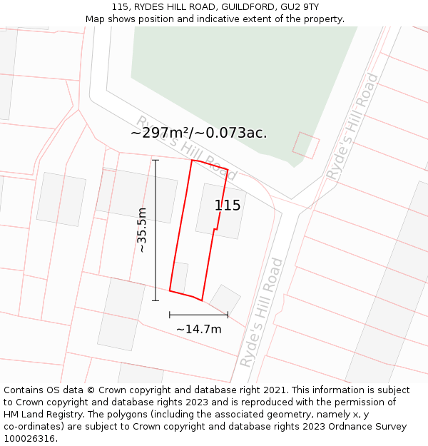 115, RYDES HILL ROAD, GUILDFORD, GU2 9TY: Plot and title map