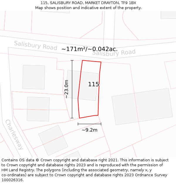 115, SALISBURY ROAD, MARKET DRAYTON, TF9 1BX: Plot and title map