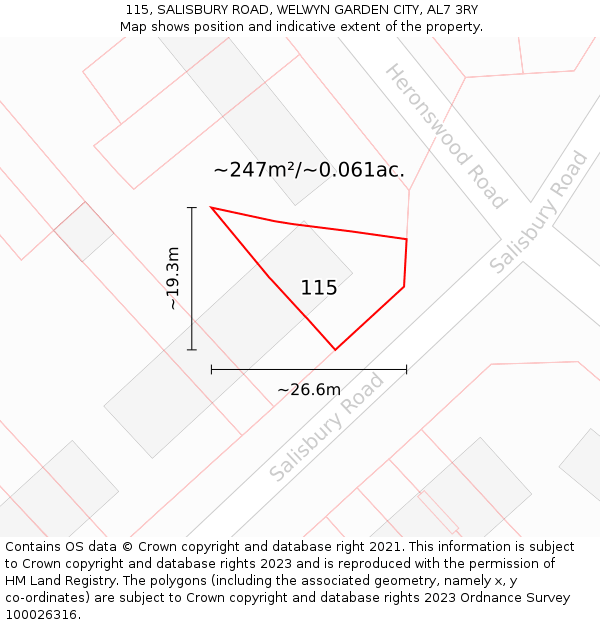 115, SALISBURY ROAD, WELWYN GARDEN CITY, AL7 3RY: Plot and title map