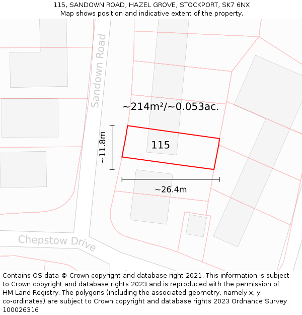 115, SANDOWN ROAD, HAZEL GROVE, STOCKPORT, SK7 6NX: Plot and title map