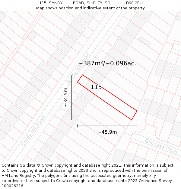 115, SANDY HILL ROAD, SHIRLEY, SOLIHULL, B90 2EU: Plot and title map