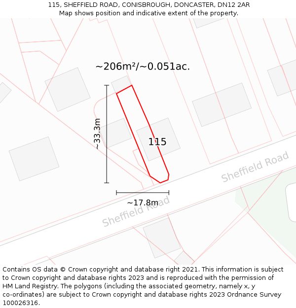 115, SHEFFIELD ROAD, CONISBROUGH, DONCASTER, DN12 2AR: Plot and title map