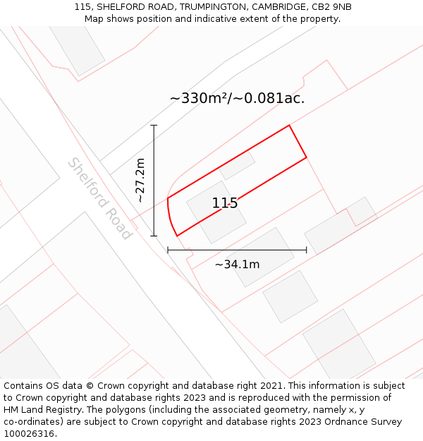 115, SHELFORD ROAD, TRUMPINGTON, CAMBRIDGE, CB2 9NB: Plot and title map