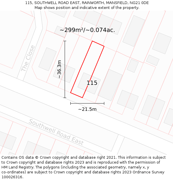 115, SOUTHWELL ROAD EAST, RAINWORTH, MANSFIELD, NG21 0DE: Plot and title map