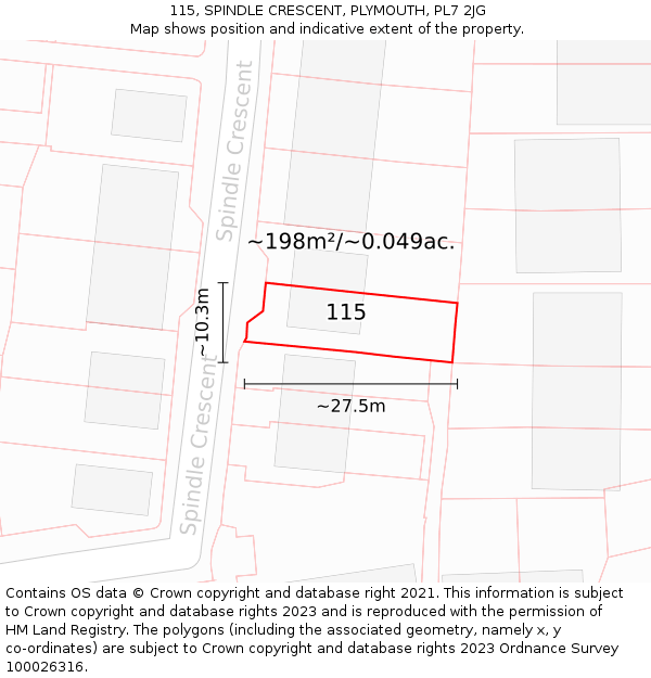 115, SPINDLE CRESCENT, PLYMOUTH, PL7 2JG: Plot and title map