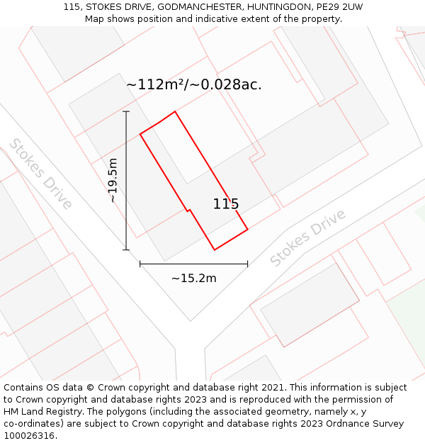 115, STOKES DRIVE, GODMANCHESTER, HUNTINGDON, PE29 2UW: Plot and title map