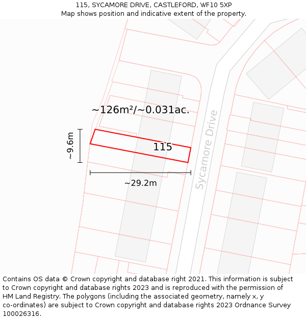 115, SYCAMORE DRIVE, CASTLEFORD, WF10 5XP: Plot and title map