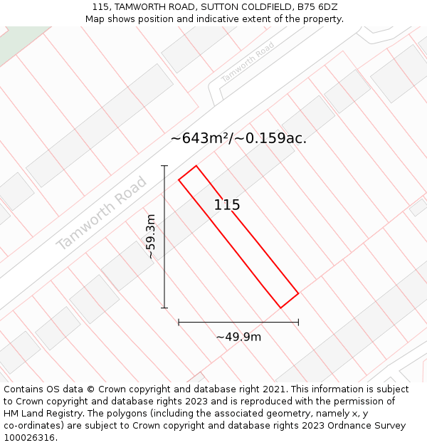 115, TAMWORTH ROAD, SUTTON COLDFIELD, B75 6DZ: Plot and title map