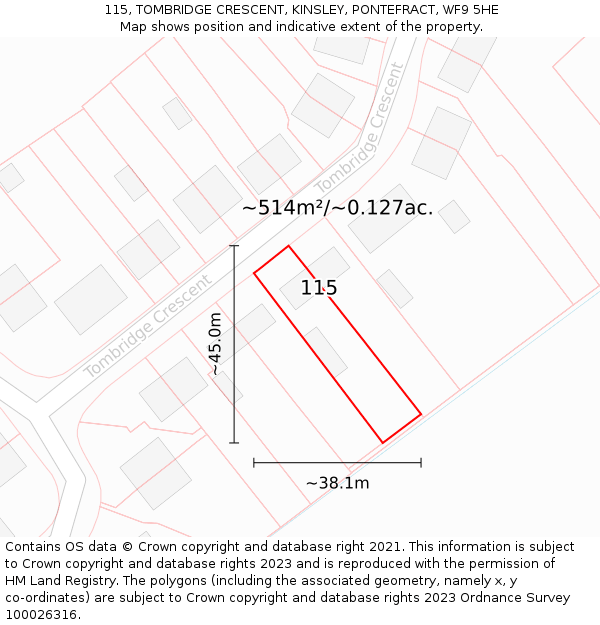 115, TOMBRIDGE CRESCENT, KINSLEY, PONTEFRACT, WF9 5HE: Plot and title map