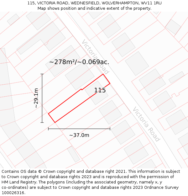 115, VICTORIA ROAD, WEDNESFIELD, WOLVERHAMPTON, WV11 1RU: Plot and title map