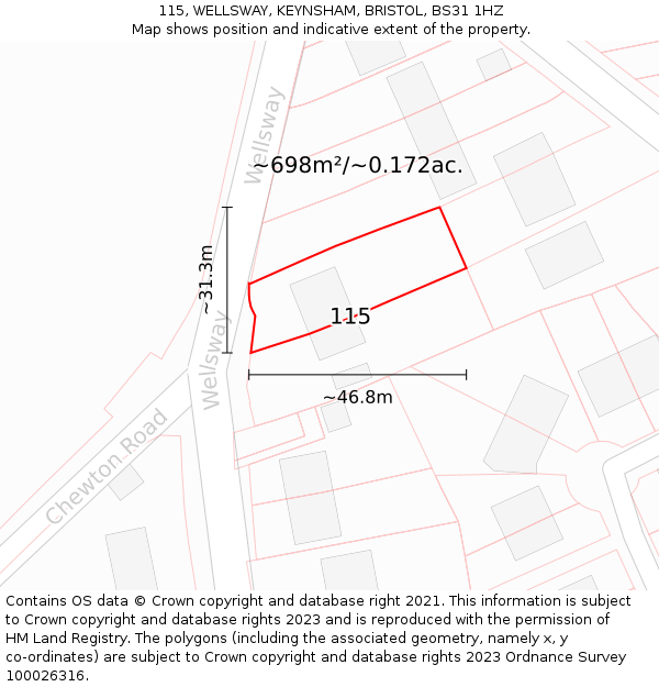 115, WELLSWAY, KEYNSHAM, BRISTOL, BS31 1HZ: Plot and title map