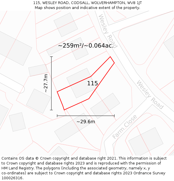 115, WESLEY ROAD, CODSALL, WOLVERHAMPTON, WV8 1JT: Plot and title map