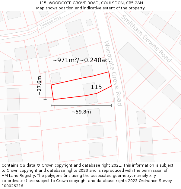 115, WOODCOTE GROVE ROAD, COULSDON, CR5 2AN: Plot and title map