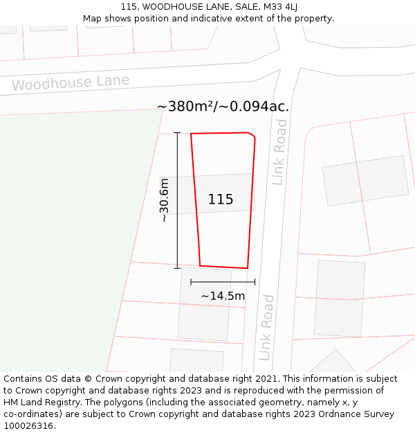 115, WOODHOUSE LANE, SALE, M33 4LJ: Plot and title map