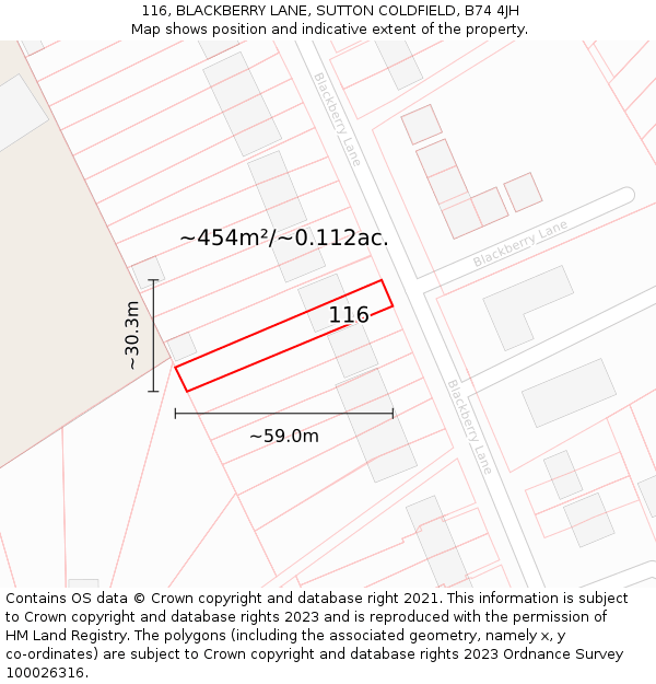 116, BLACKBERRY LANE, SUTTON COLDFIELD, B74 4JH: Plot and title map