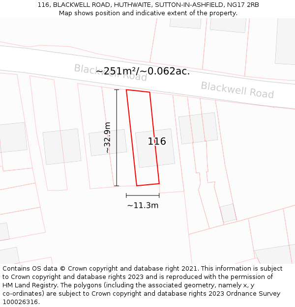 116, BLACKWELL ROAD, HUTHWAITE, SUTTON-IN-ASHFIELD, NG17 2RB: Plot and title map