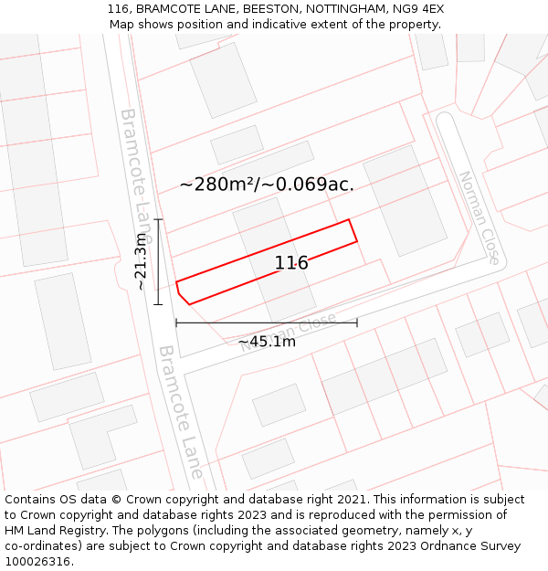 116, BRAMCOTE LANE, BEESTON, NOTTINGHAM, NG9 4EX: Plot and title map