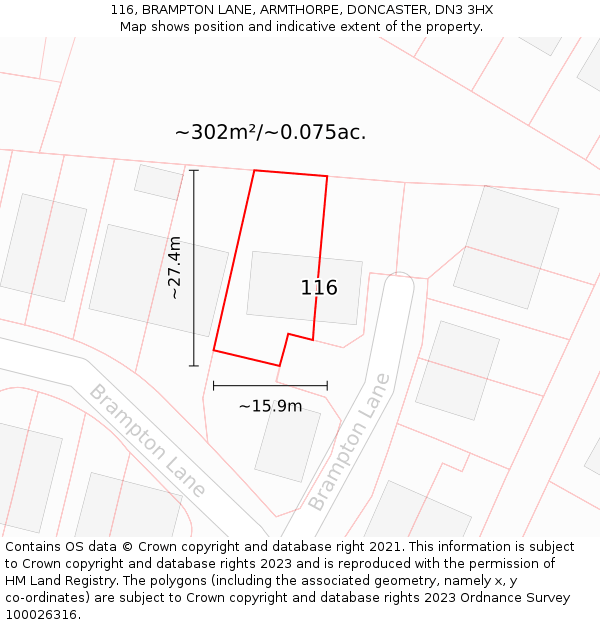 116, BRAMPTON LANE, ARMTHORPE, DONCASTER, DN3 3HX: Plot and title map