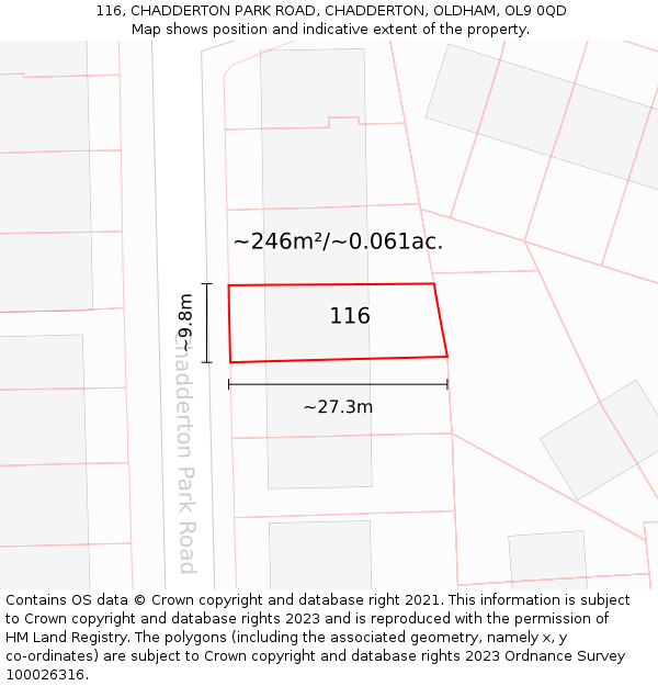 116, CHADDERTON PARK ROAD, CHADDERTON, OLDHAM, OL9 0QD: Plot and title map