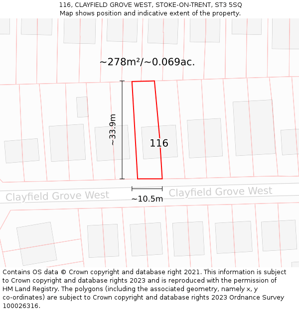 116, CLAYFIELD GROVE WEST, STOKE-ON-TRENT, ST3 5SQ: Plot and title map