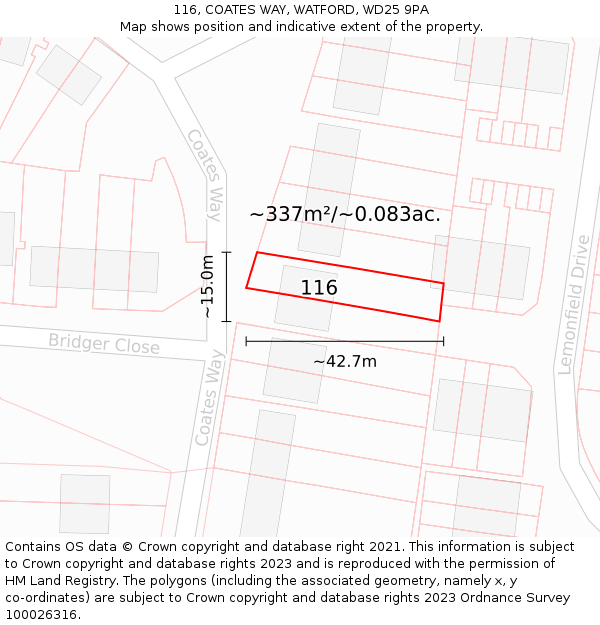 116, COATES WAY, WATFORD, WD25 9PA: Plot and title map