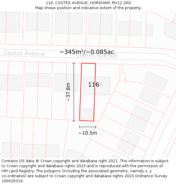 116, COOTES AVENUE, HORSHAM, RH12 2AG: Plot and title map