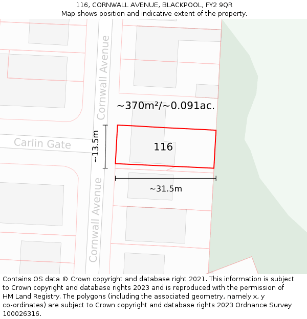 116, CORNWALL AVENUE, BLACKPOOL, FY2 9QR: Plot and title map